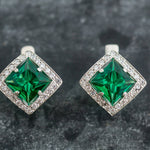 Created Emerald Earrings made in 925 Sterling Silver with Square Created Green Emerald in Halo setting, May Birthstone gift idea, symbolizes, ideal for everyday wear and perfect for birthday gifting and special occasions.