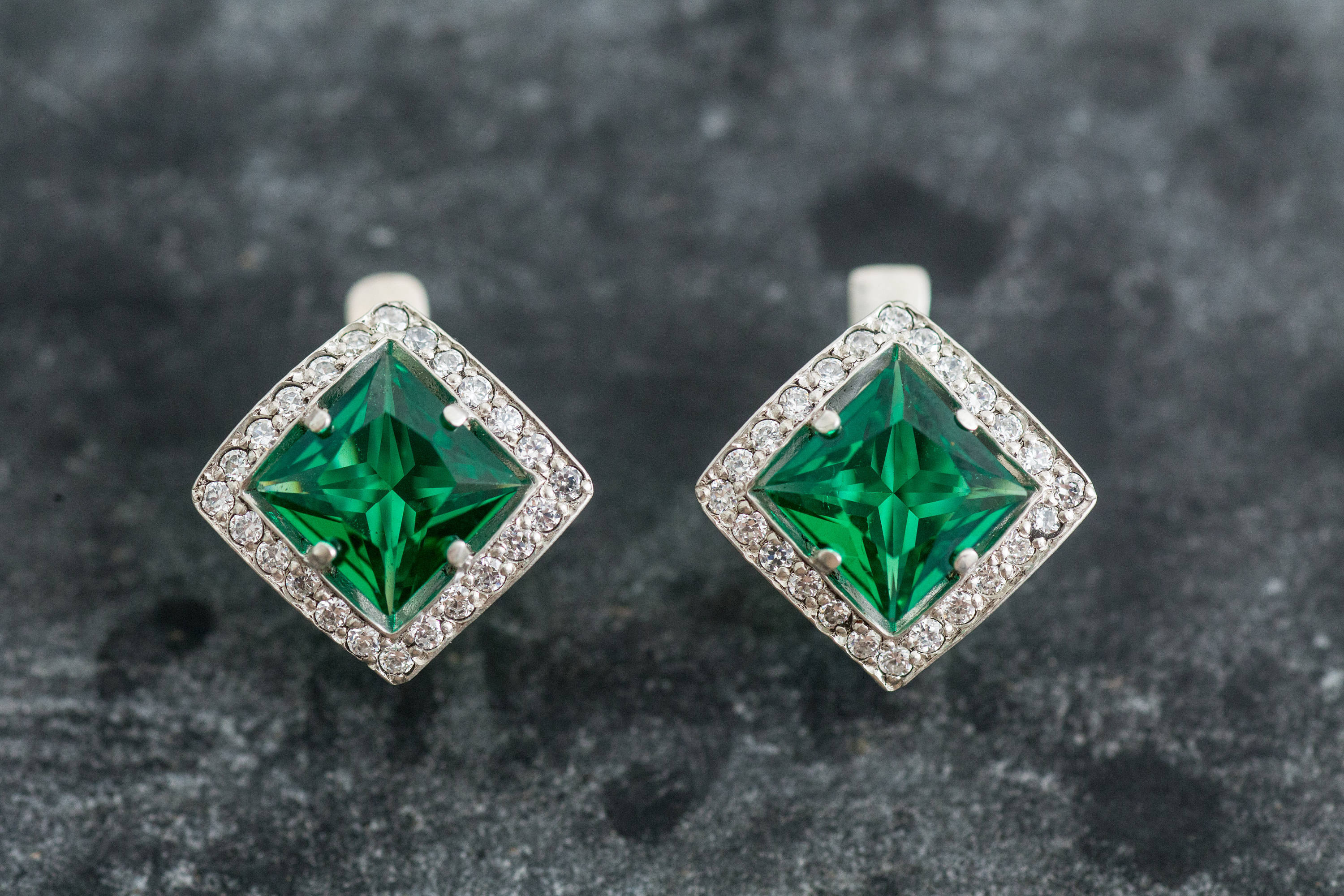 Created Emerald Earrings made in 925 Sterling Silver with Square Created Green Emerald in Halo setting, May Birthstone gift idea, symbolizes, ideal for everyday wear and perfect for birthday gifting and special occasions.