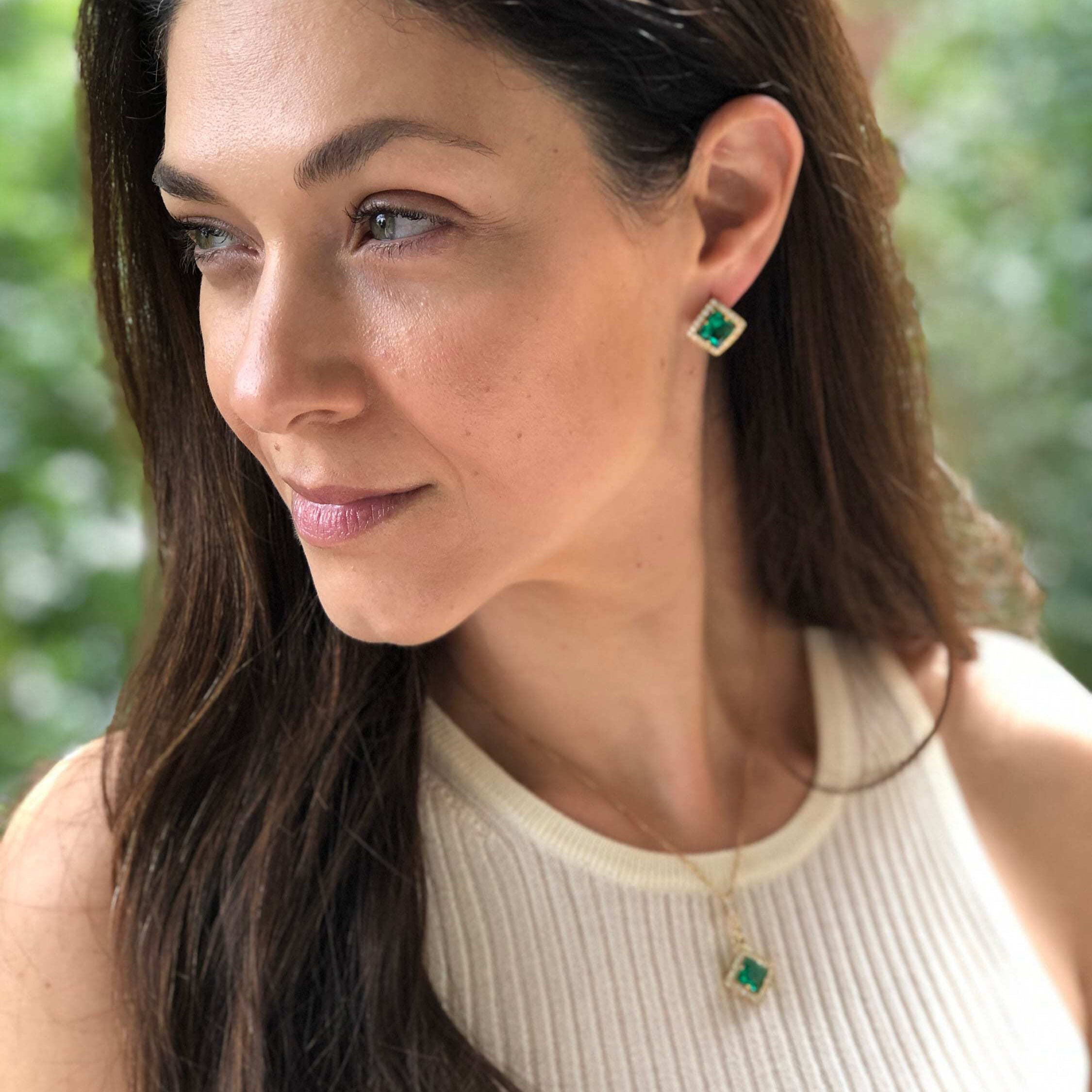 Created Emerald Earrings made in 18k Gold Vermeil with Square Created Green Emerald in Halo setting, May Birthstone gift idea, symbolizes, ideal for everyday wear and perfect for birthday gifting and special occasions.