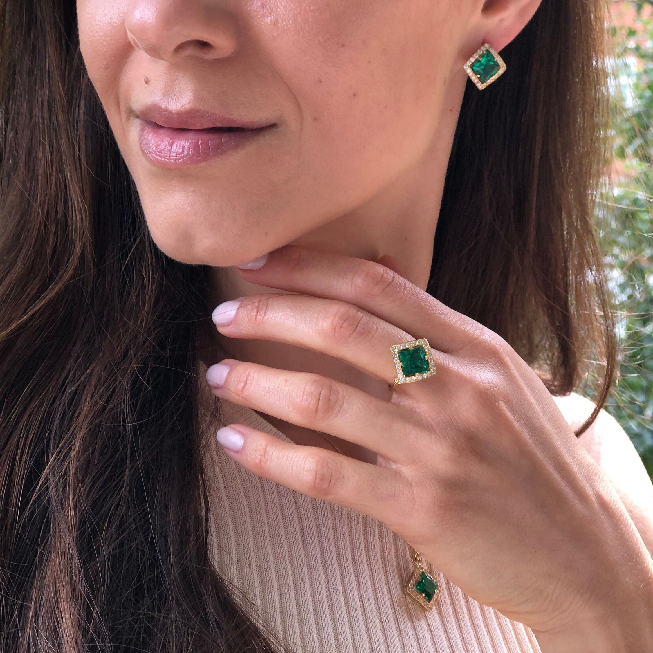Emerald Halo Earrings in 18k Gold Vermeil, perfect May birthstone gift for birthdays and special occasions.