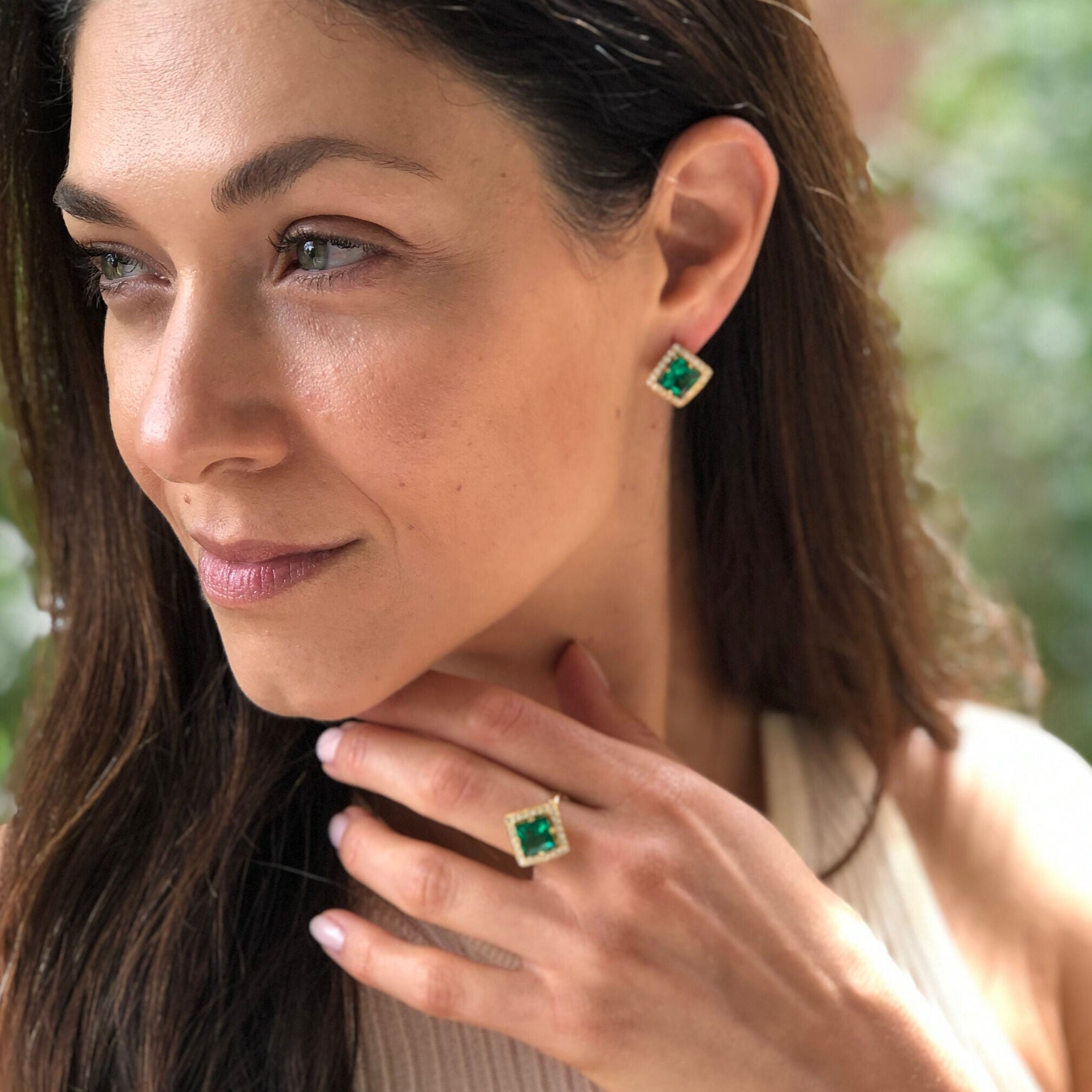 Stunning Created Emerald Earrings in 18k Gold Vermeil, perfect for May birthdays and special occasions, stylish everyday accessory.