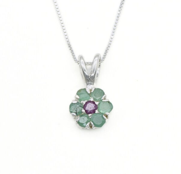 Emerald Pendant, Flower Necklace, Natural Emerald, Daisy Pendant, May Birthstone, July Ruby Pendant, Layered Necklace, Dainty Silver Pendant