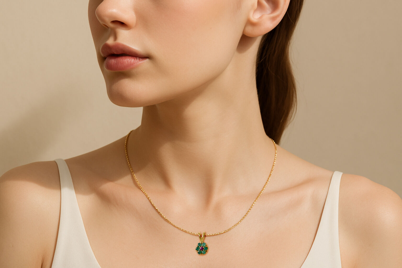 Elegant 18k Gold Vermeil Emerald Pendant, featuring a round natural emerald, perfect for May birthdays and special occasions.