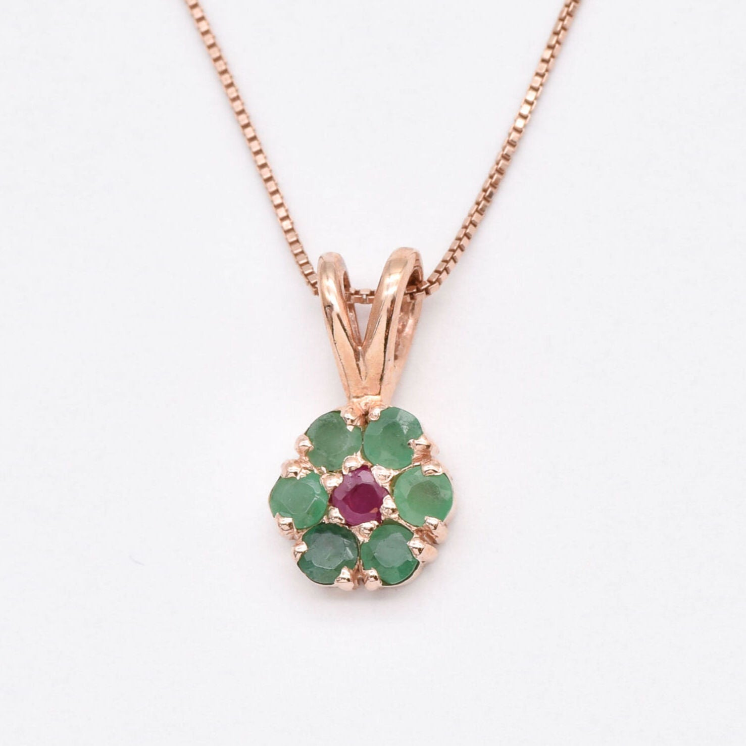 Natural Emerald Pendant made in Rose Gold Vermeil with Round Natural Green Emerald in Cluster setting, May Birthstone gift idea, symbolizes growth, harmony, and deep emotional healing, ideal for everyday wear and perfect for birthday gifting and special occasions.