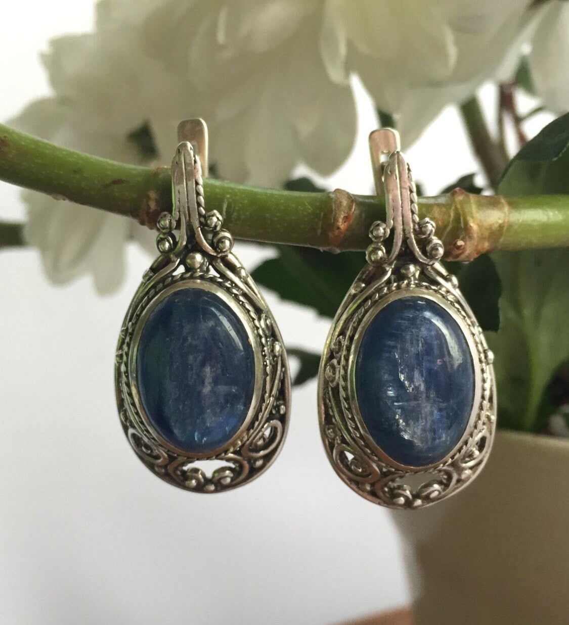 Statement Earrings, Natural Kyanite, Antique Earrings, Kyanite Earrings, Vintage Earrings, Long Blue Earrings, 925 Silver Earrings, Kyanite