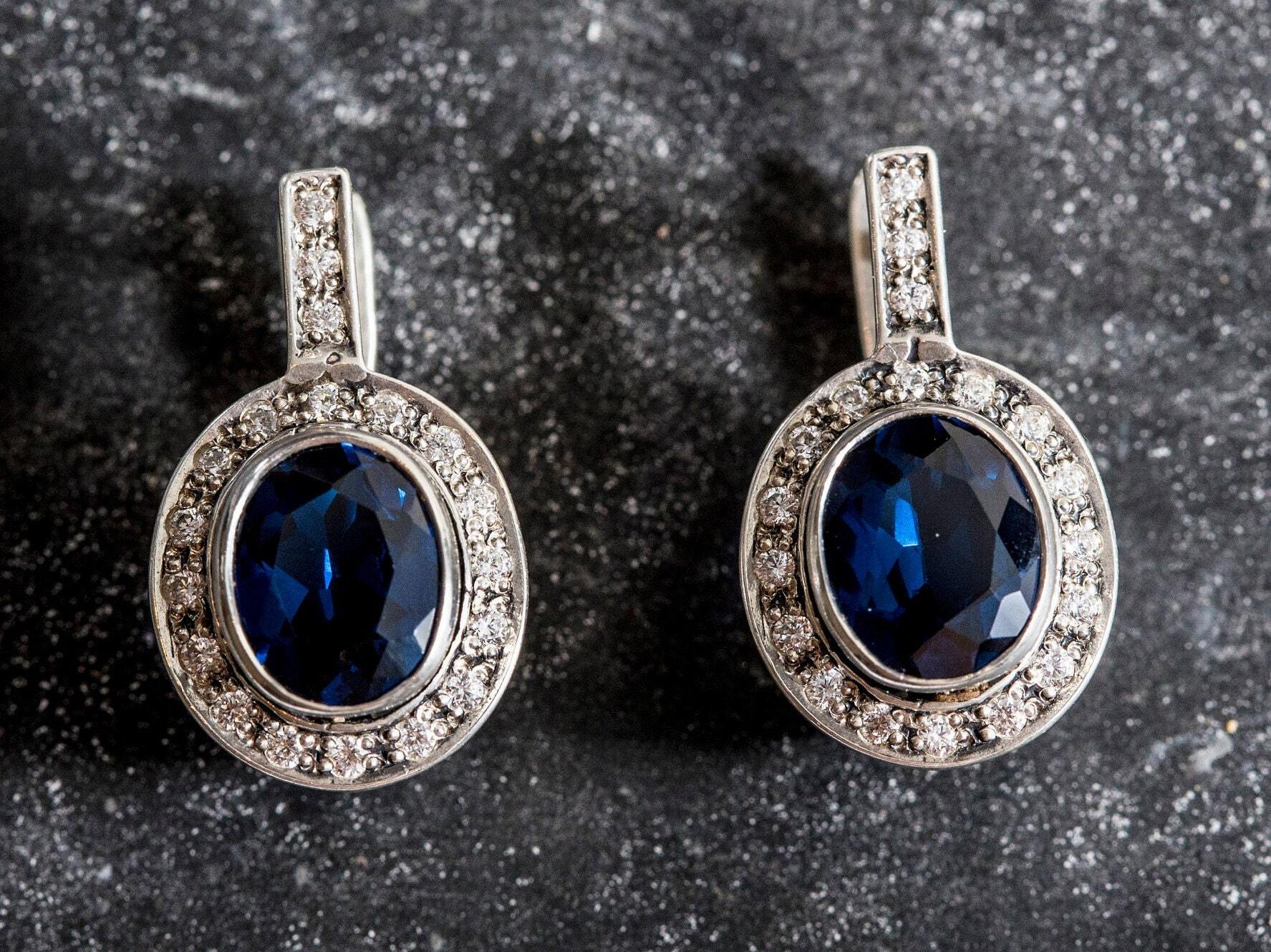 Blue Sapphire Earrings, Sapphire Earrings, Created Sapphire, Royal Blue Earrings, Something Blue Earrings, Vintage Earrings, Silver Earrings