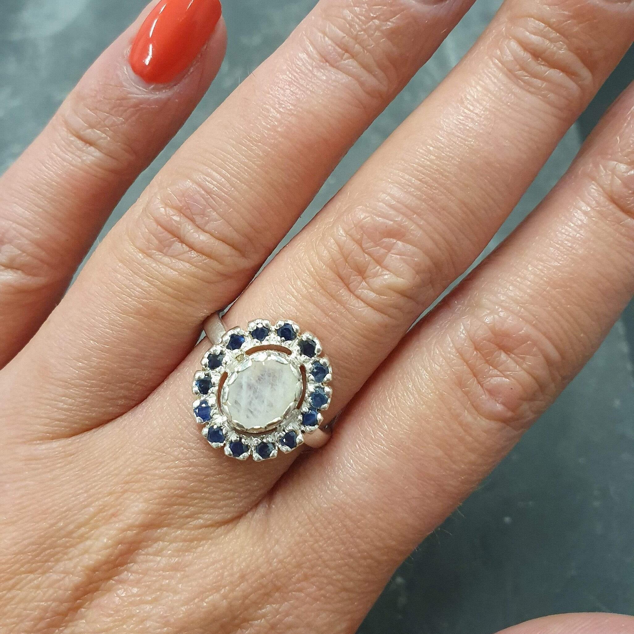 Victorian Moonstone Ring, Natural Sapphire, Rainbow Moonstone Ring, September Birthstone, June Birthstone, Vintage Ring, Solid Silver Ring