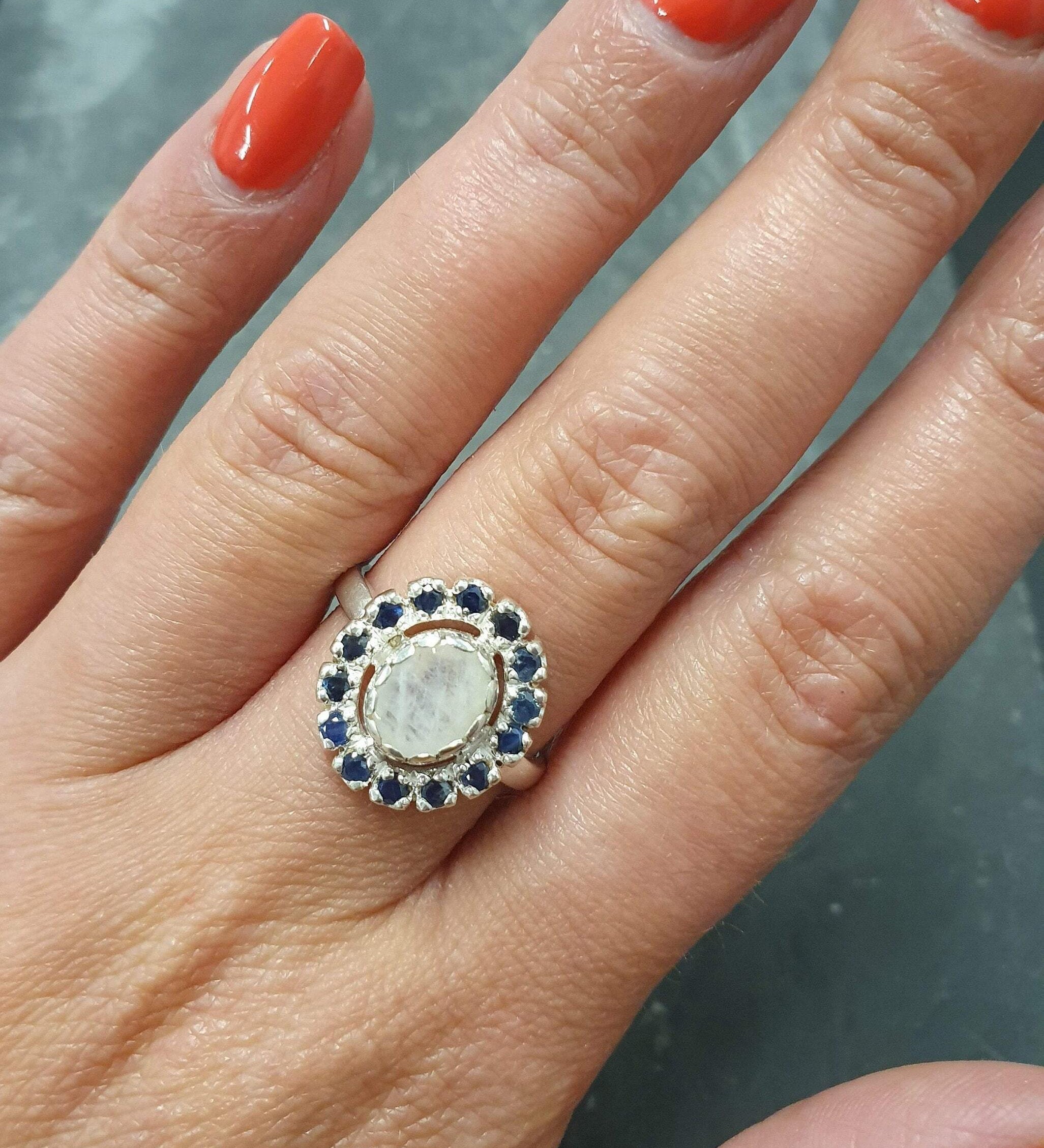 Victorian Moonstone Ring, Natural Sapphire, Rainbow Moonstone Ring, September Birthstone, June Birthstone, Vintage Ring, Solid Silver Ring
