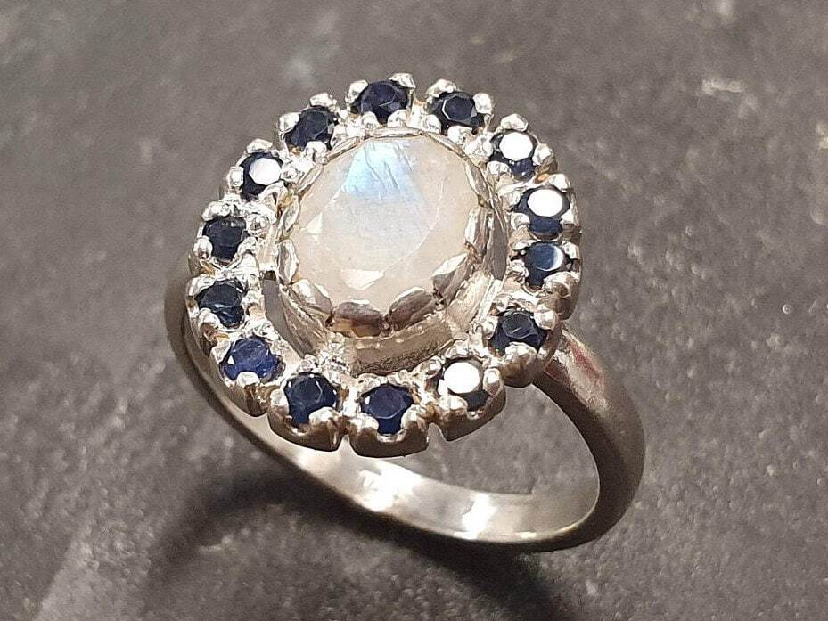 Victorian Moonstone Ring, Natural Sapphire, Rainbow Moonstone Ring, September Birthstone, June Birthstone, Vintage Ring, Solid Silver Ring