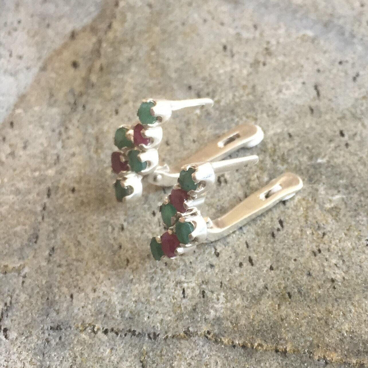 Emerald Earrings, Natural Emerald, Natural Ruby, Red and Green, Vintage Earrings, May Birthstone, July Birthstone, Antique, Solid Silver