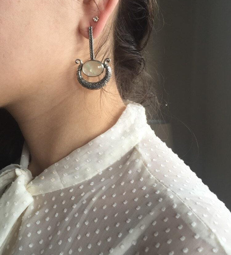 Prehnite Earrings, Vintage Earrings, Triable Earrings, Green Earrings, Long Earrings, Sterling Silver Earrings