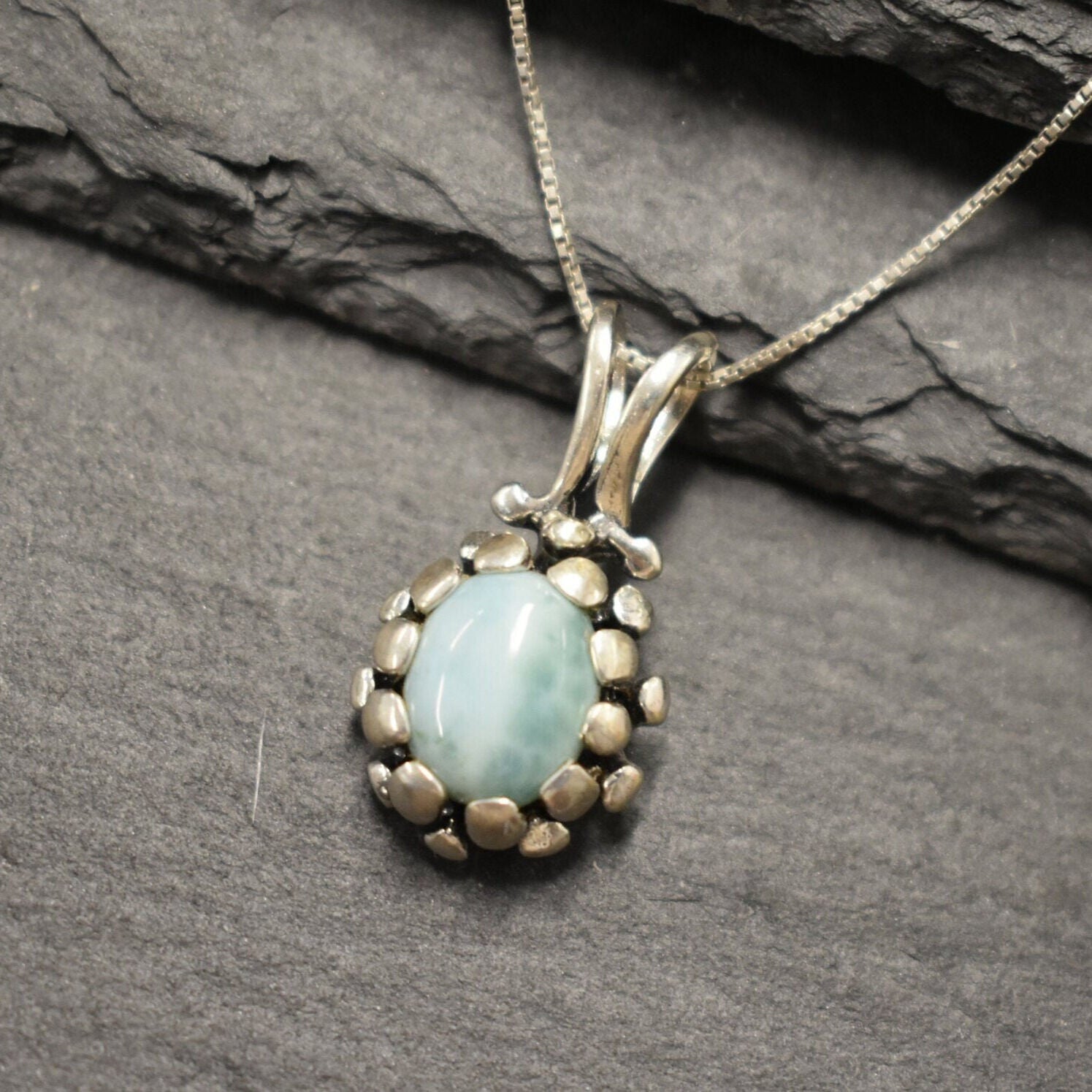 Larimar Necklace, Vintage Necklace, Natural Larimar, March Birthstone, Blue Stone Necklace, Antique Necklace, Antique Jewelry, Solid Silver