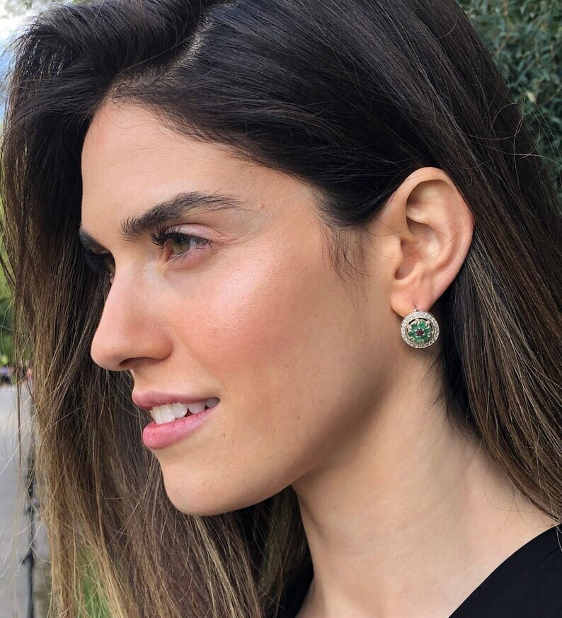 Stunning 925 Sterling Silver Natural Ruby Earrings in Cluster design, perfect July Birthstone gift for any occasion.