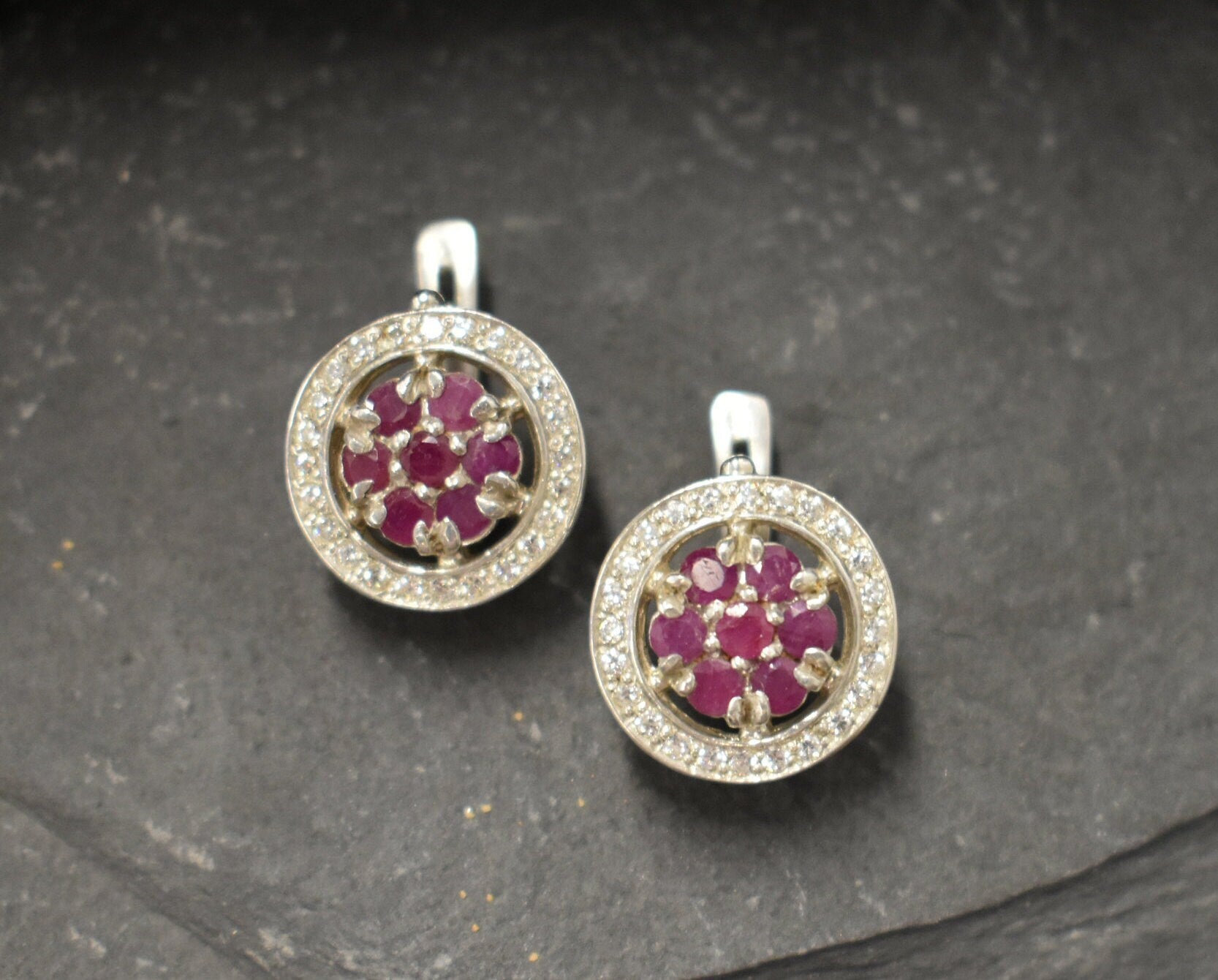 Natural Ruby Earrings made in 925 Sterling Silver with Round Natural Red Ruby in Cluster setting, July Birthstone gift idea, symbolizes nobility, purity, and passion, ideal for everyday wear and perfect for birthday gifting and special occasions.