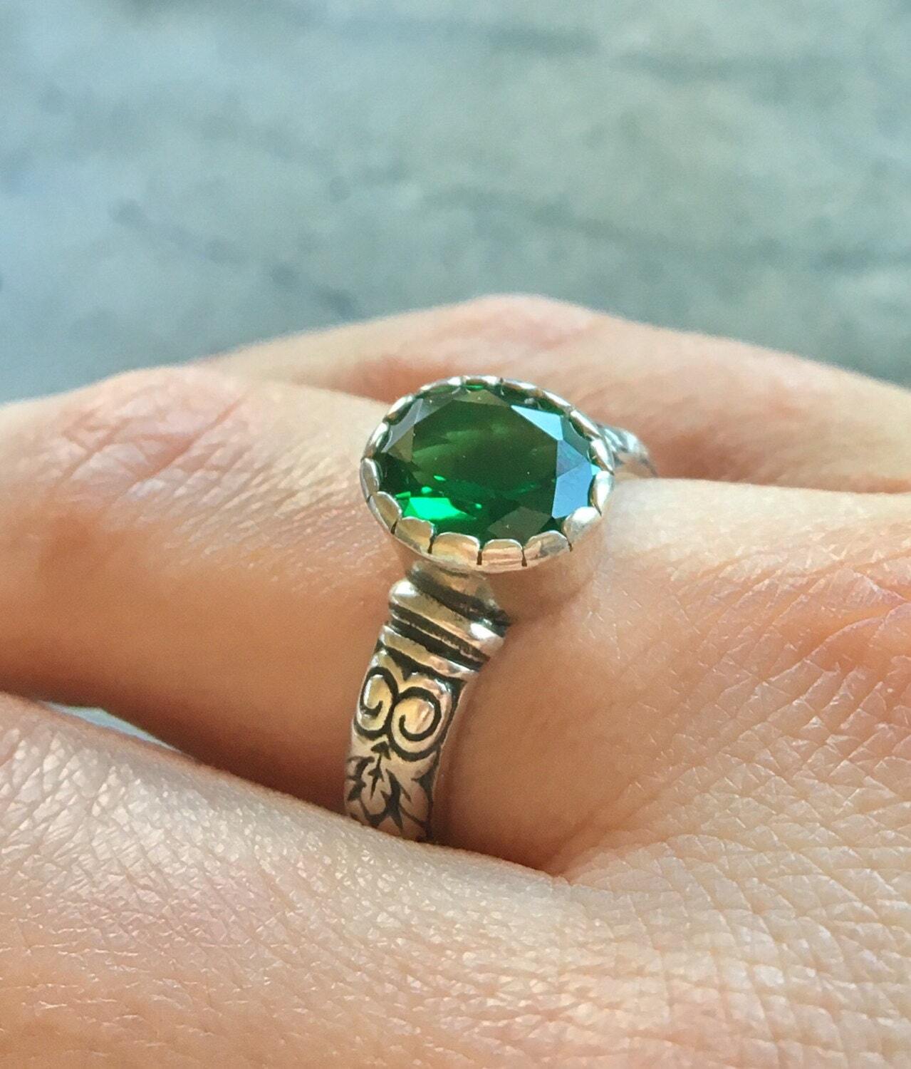 Tribal Ring, Emerald Ring, Created Emerald, Green Vintage Ring, Green Diamond Ring, Sparkly Ring, Green Emerald Ring, Sterling Silver Ring