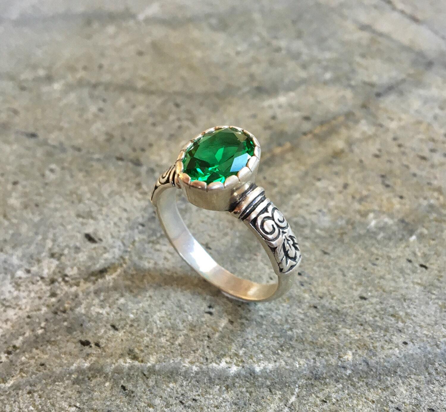 Tribal Ring, Emerald Ring, Created Emerald, Green Vintage Ring, Green Diamond Ring, Sparkly Ring, Green Emerald Ring, Sterling Silver Ring