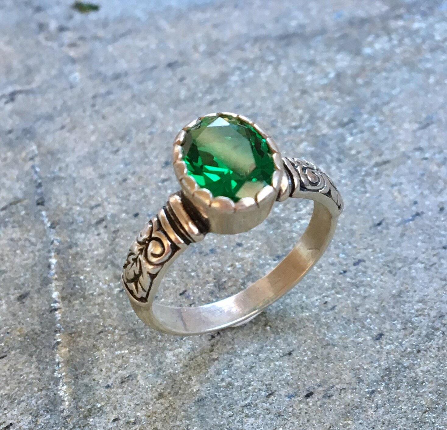 Tribal Ring, Emerald Ring, Created Emerald, Green Vintage Ring, Green Diamond Ring, Sparkly Ring, Green Emerald Ring, Sterling Silver Ring