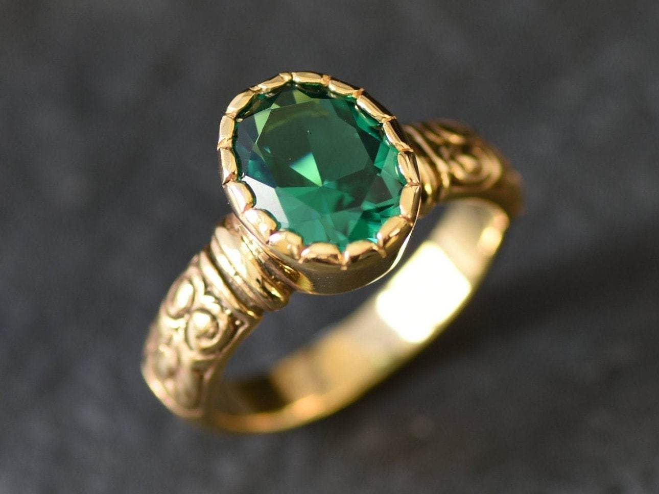Created Emerald Ring made in 18k Gold Vermeil with Oval Created Green Emerald in Solitaire setting, May Birthstone gift idea, symbolizes, ideal for everyday wear and perfect for birthday gifting and special occasions.