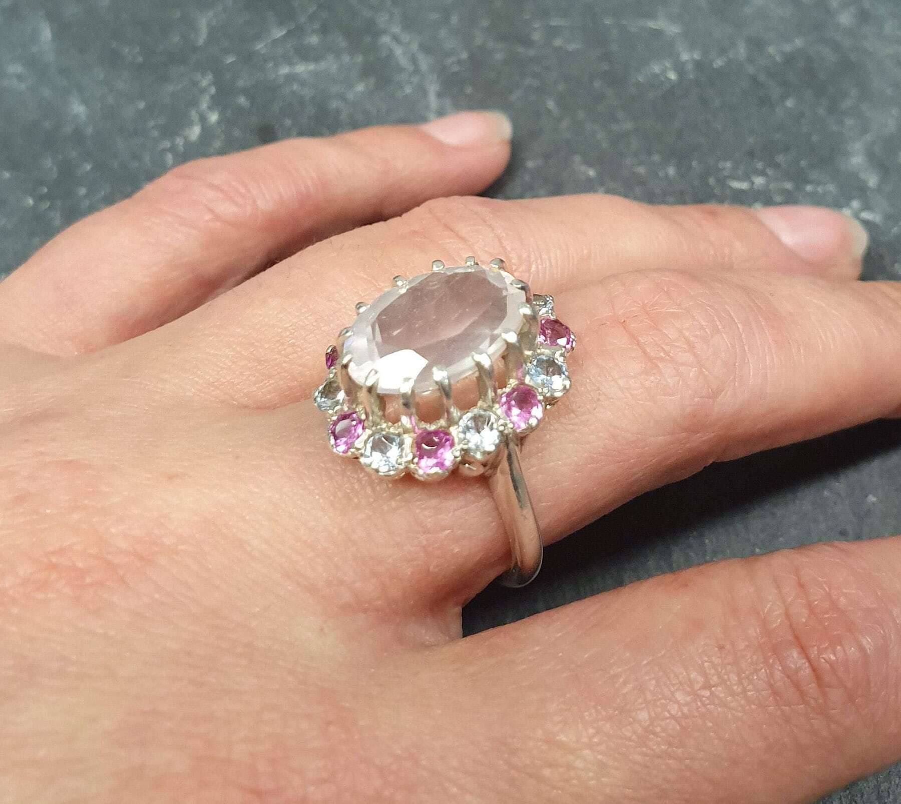 Rose Quartz Ring, Natural Rose Quartz, January Birthstone, Multistone Ring, Pink Vintage Ring, Princess Kate Ring, Pink Diamond Ring, Quartz