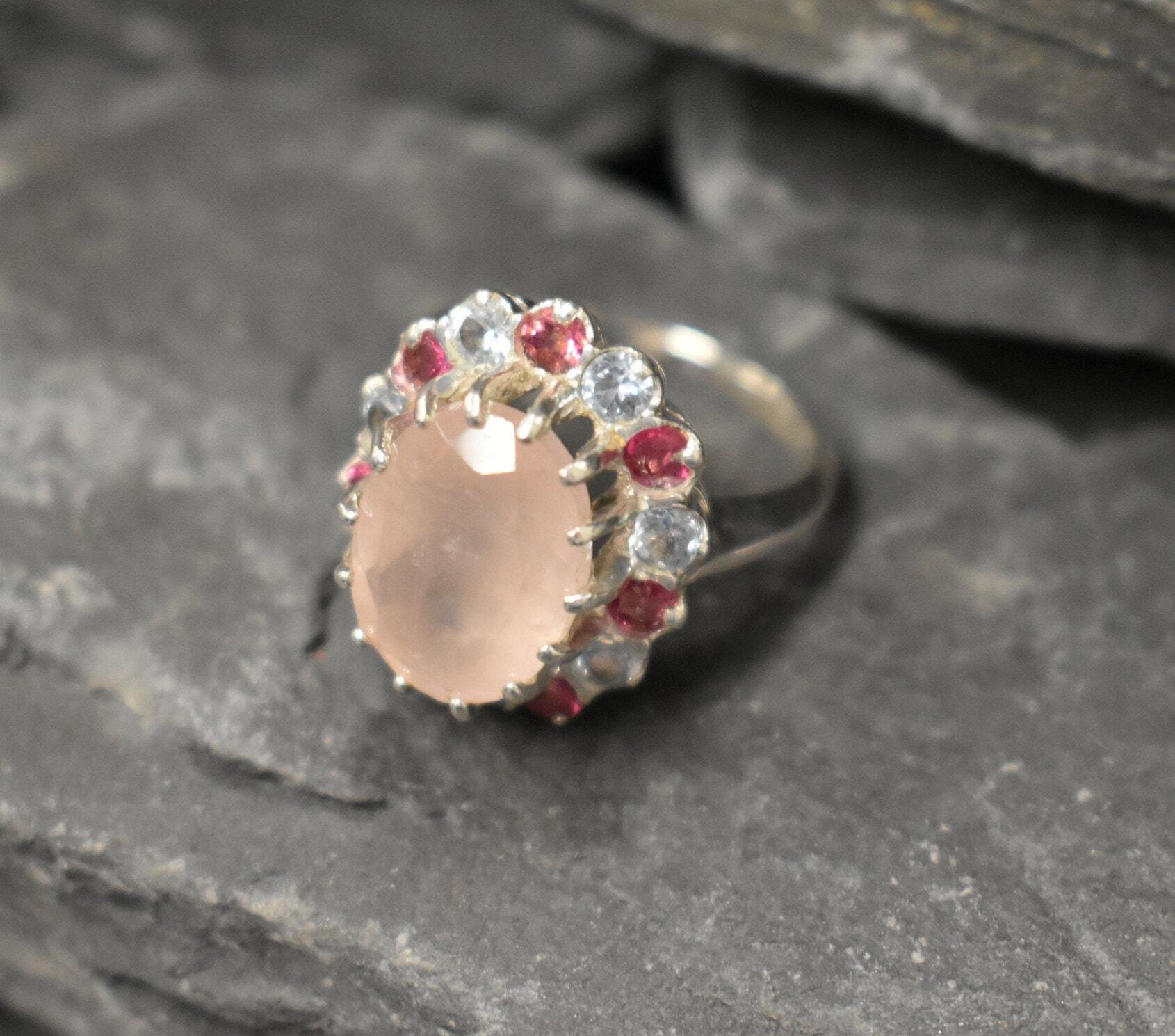 Rose Quartz Ring, Natural Rose Quartz, January Birthstone, Multistone Ring, Pink Vintage Ring, Princess Kate Ring, Pink Diamond Ring, Quartz