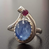 Kyanite Ring, Natural Ruby, Blue Vintage Ring, Multistone Ring, Teardrop Ring, Unique Ring, Blue Stone Ring, Silver Ring, African Kyanite