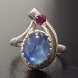 Kyanite Ring, Natural Ruby, Blue Vintage Ring, Multistone Ring, Teardrop Ring, Unique Ring, Blue Stone Ring, Silver Ring, African Kyanite