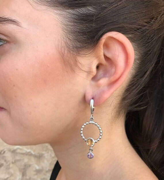 Amethyst Earrings, Blue Topaz Earrings, Natural Amethyst, Natural Topaz, Long Earrings, Vintage Earrings, Silver Earrings, Topaz, Amethyst