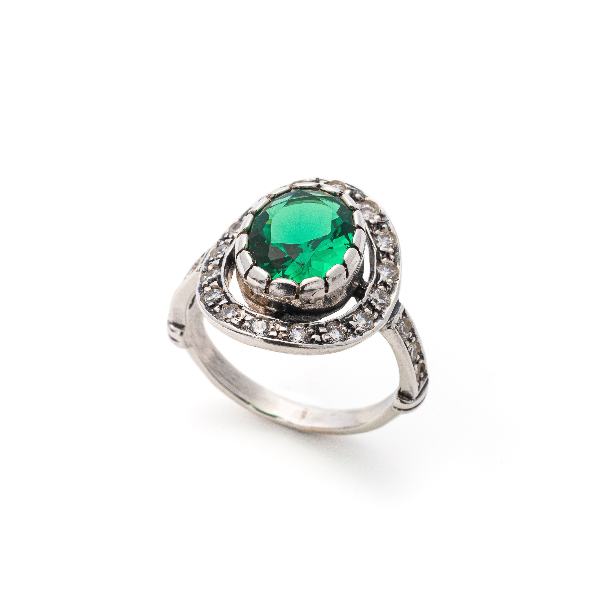 Created Emerald Ring made in 925 Sterling Silver with Oval Created Green Emerald in Halo setting, May Birthstone gift idea, symbolizes, ideal for everyday wear and perfect for birthday gifting and special occasions.