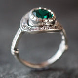 Emerald Vintage Ring - Green Halo Ring - Statement Emerald Ring