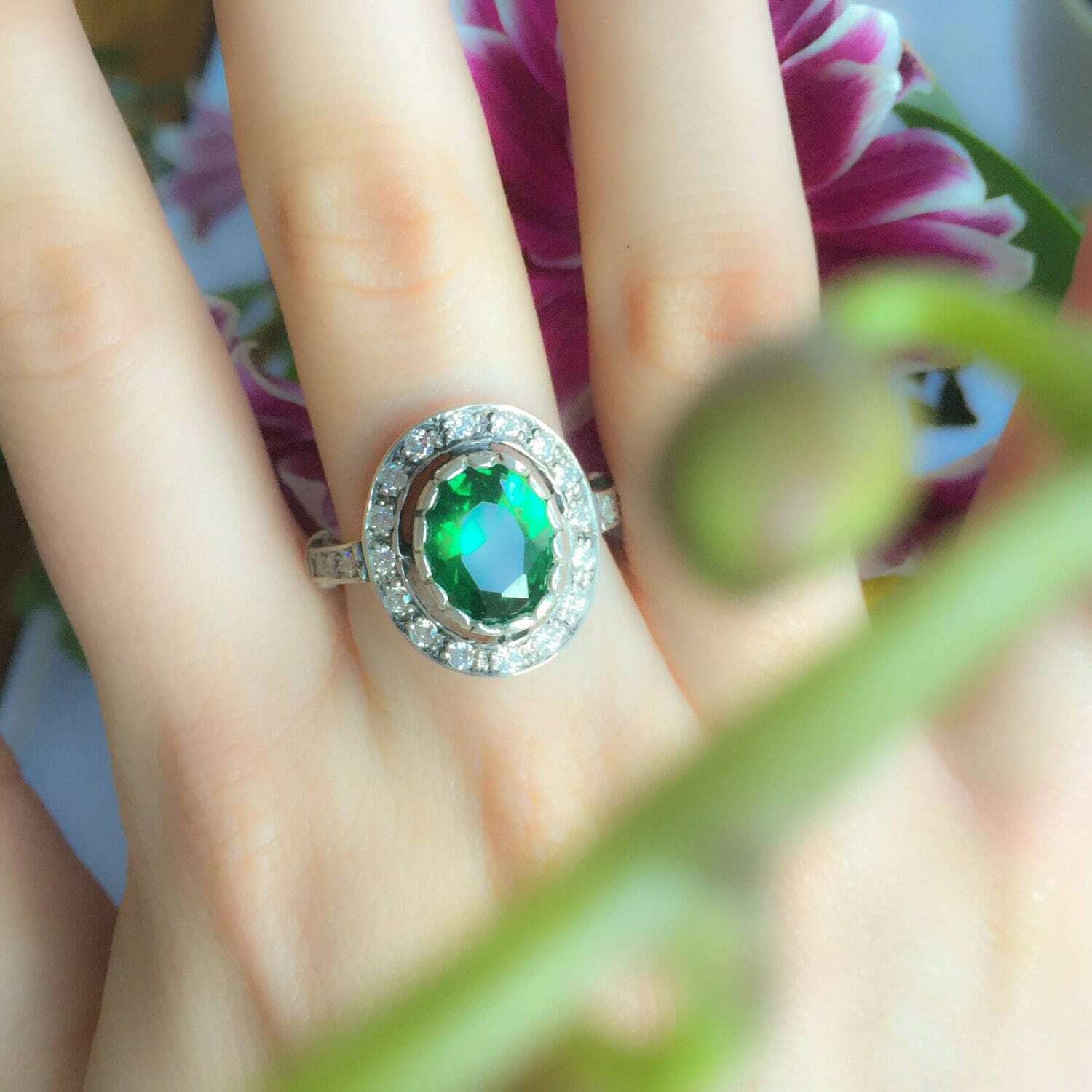 Created Emerald Halo Ring in 925 Sterling Silver, a stunning May Birthstone gift for special occasions and daily wear.