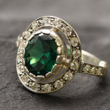 Emerald Vintage Ring - Green Halo Ring - Statement Emerald Ring