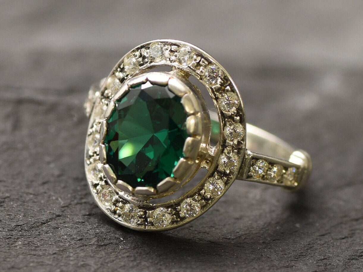 Emerald Vintage Ring - Green Halo Ring - Statement Emerald Ring