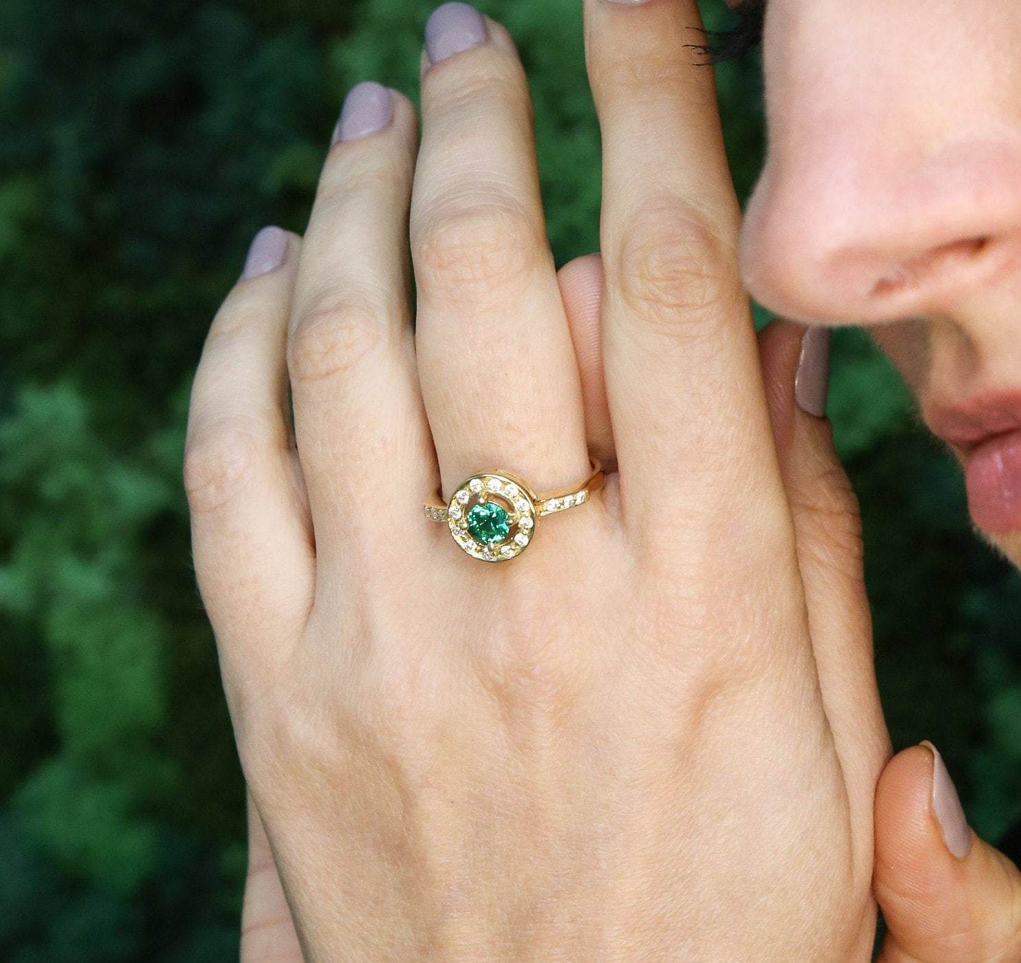 Elegant 18k Gold Vermeil Emerald Ring featuring a Round Created Green Emerald, perfect for May birthdays and special occasions.