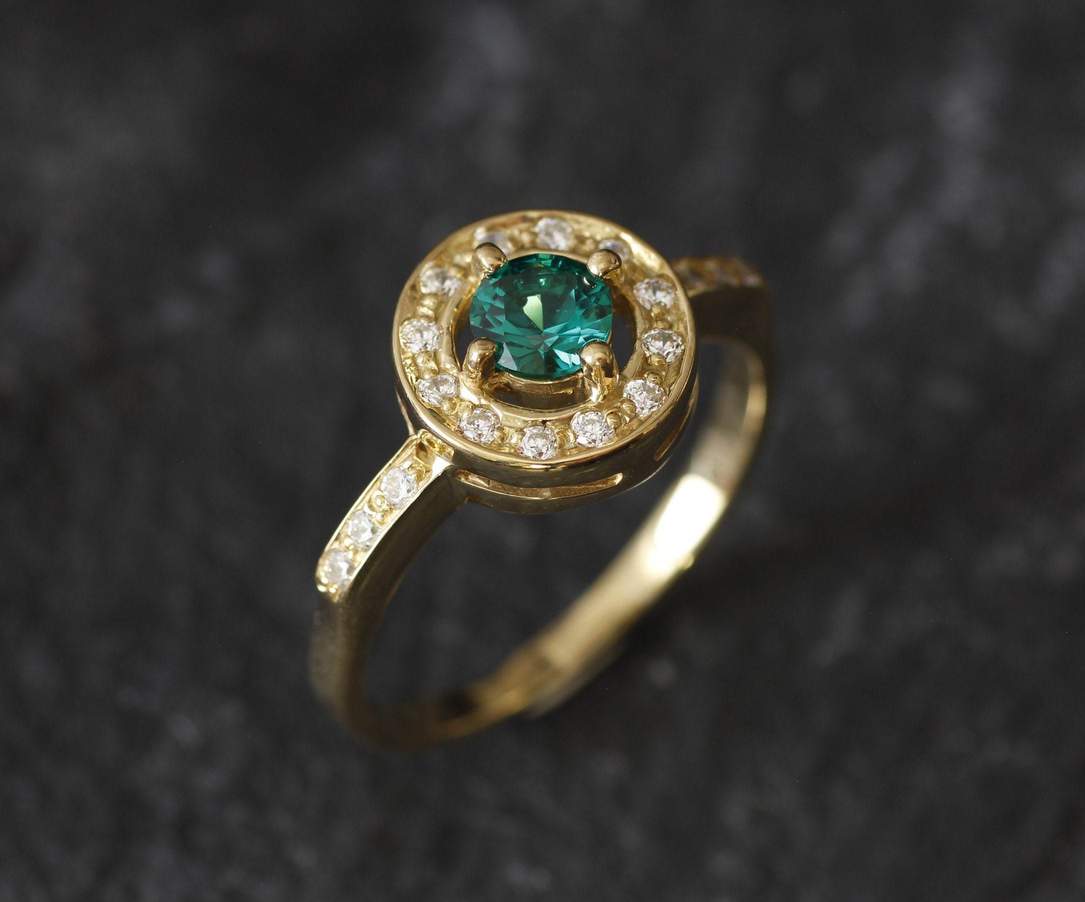 Created Emerald Ring made in 18k Gold Vermeil with Round Created Green Emerald in Halo setting, May Birthstone gift idea, symbolizes, ideal for everyday wear and perfect for birthday gifting and special occasions.