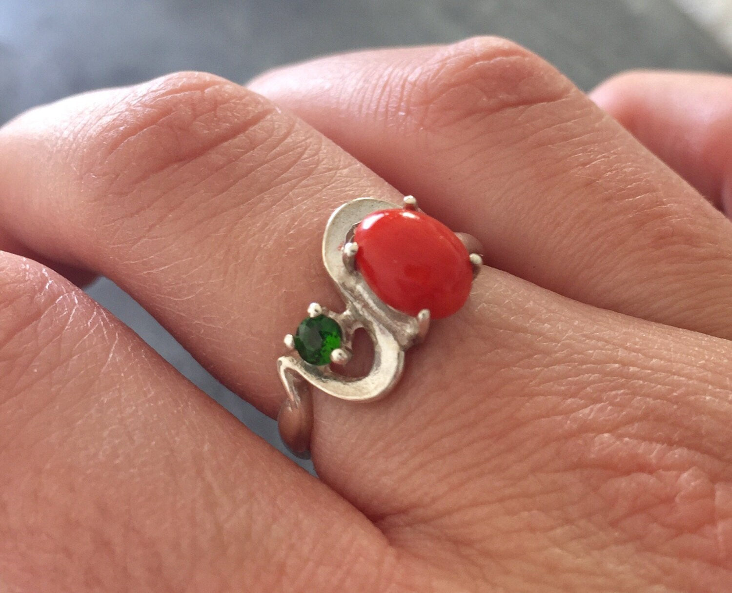 Red Coral Ring, Natural Coral, Emerald Ring, March Birthstone, May Birthstone, Genuine Coral, Vintage Coral Ring, Solid Silver Ring, Coral