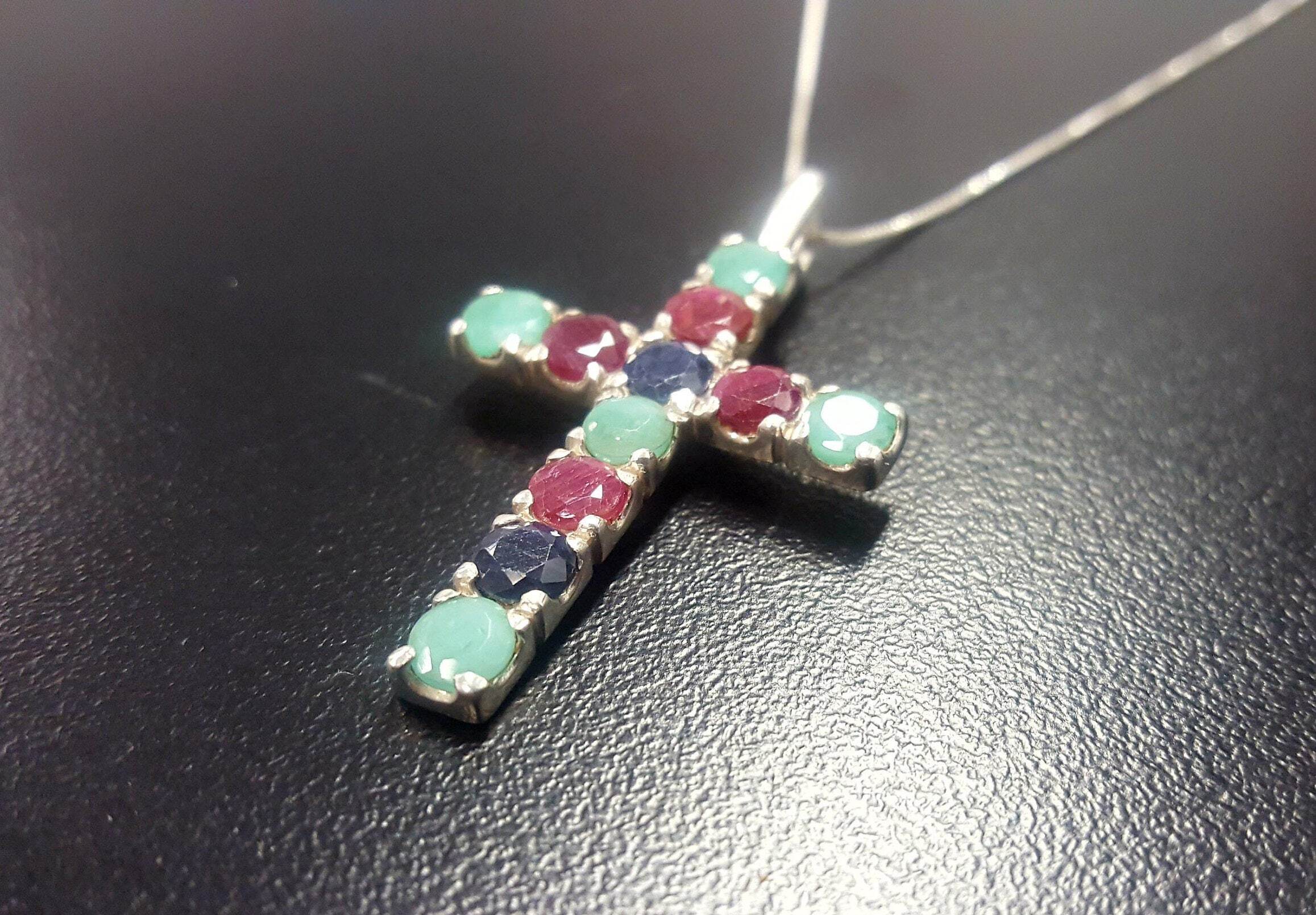 Cross Pendant, Emerald Pendant, Ruby Pendant, Sapphire Pendant, Symbolic Pendant, Silver Cross Pendant, Christian Pendant, Silver Pendant