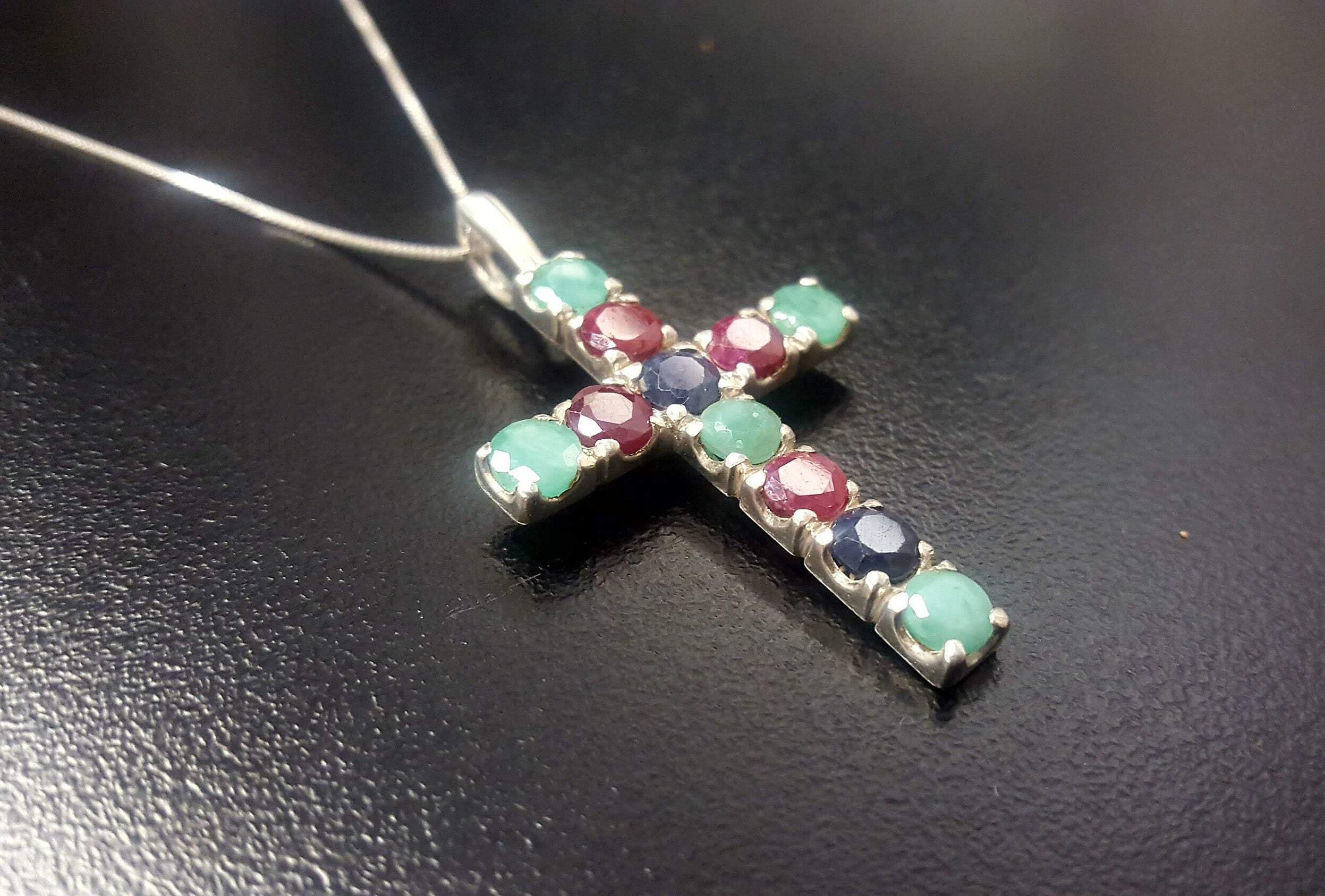 Cross Pendant, Emerald Pendant, Ruby Pendant, Sapphire Pendant, Symbolic Pendant, Silver Cross Pendant, Christian Pendant, Silver Pendant