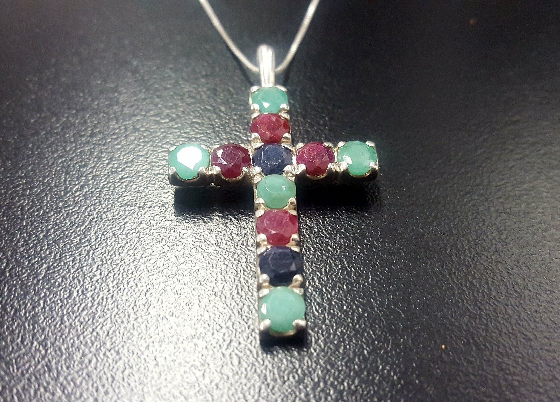 Cross Pendant, Emerald Pendant, Ruby Pendant, Sapphire Pendant, Symbolic Pendant, Silver Cross Pendant, Christian Pendant, Silver Pendant