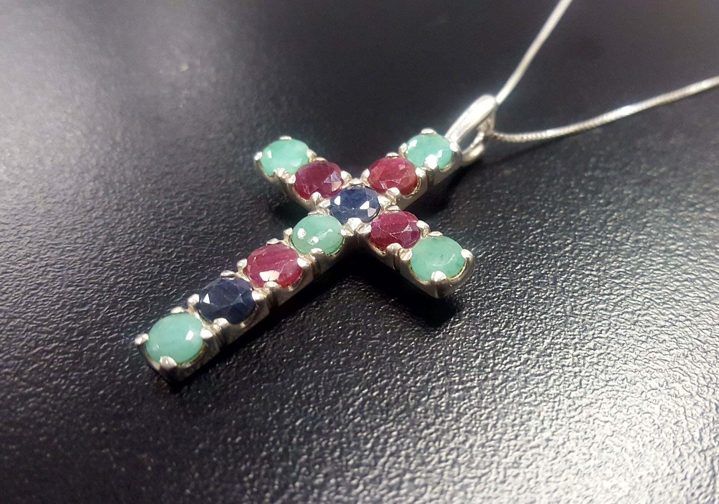 Cross Pendant, Emerald Pendant, Ruby Pendant, Sapphire Pendant, Symbolic Pendant, Silver Cross Pendant, Christian Pendant, Silver Pendant