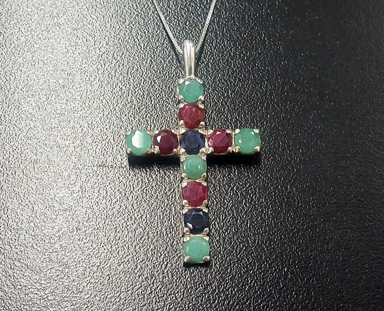 Cross Pendant, Emerald Pendant, Ruby Pendant, Sapphire Pendant, Symbolic Pendant, Silver Cross Pendant, Christian Pendant, Silver Pendant