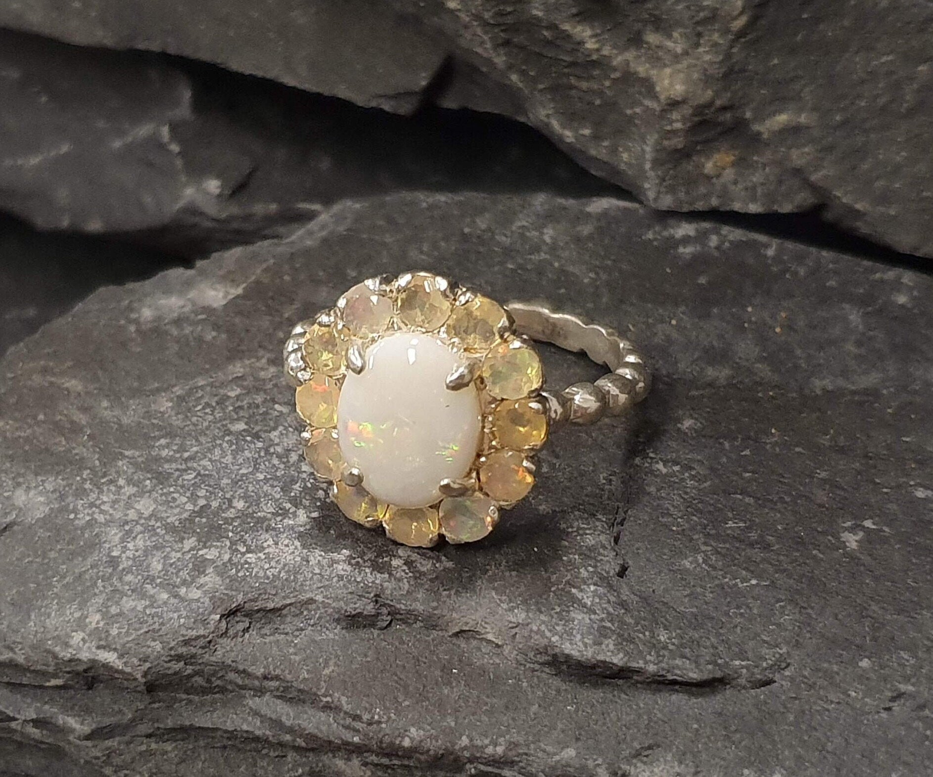 Opal Ring, Australian Opal, Victorian Ring, October Birthstone, Natural Opal Ring, Vintage Opal Ring, Opal Flower Ring, Solid Silver Ring