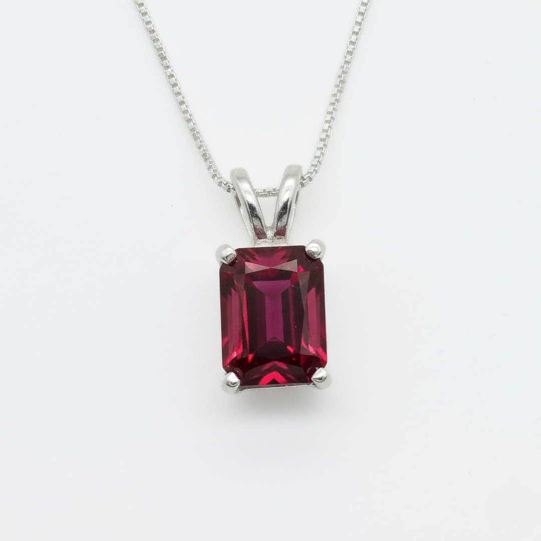 Created Ruby Pendant made in 925 Sterling Silver with Baguette Created Red Ruby in Prong setting, July Birthstone gift idea, symbolizes nobility, purity, and passion, ideal for everyday wear and perfect for birthday gifting and special occasions.