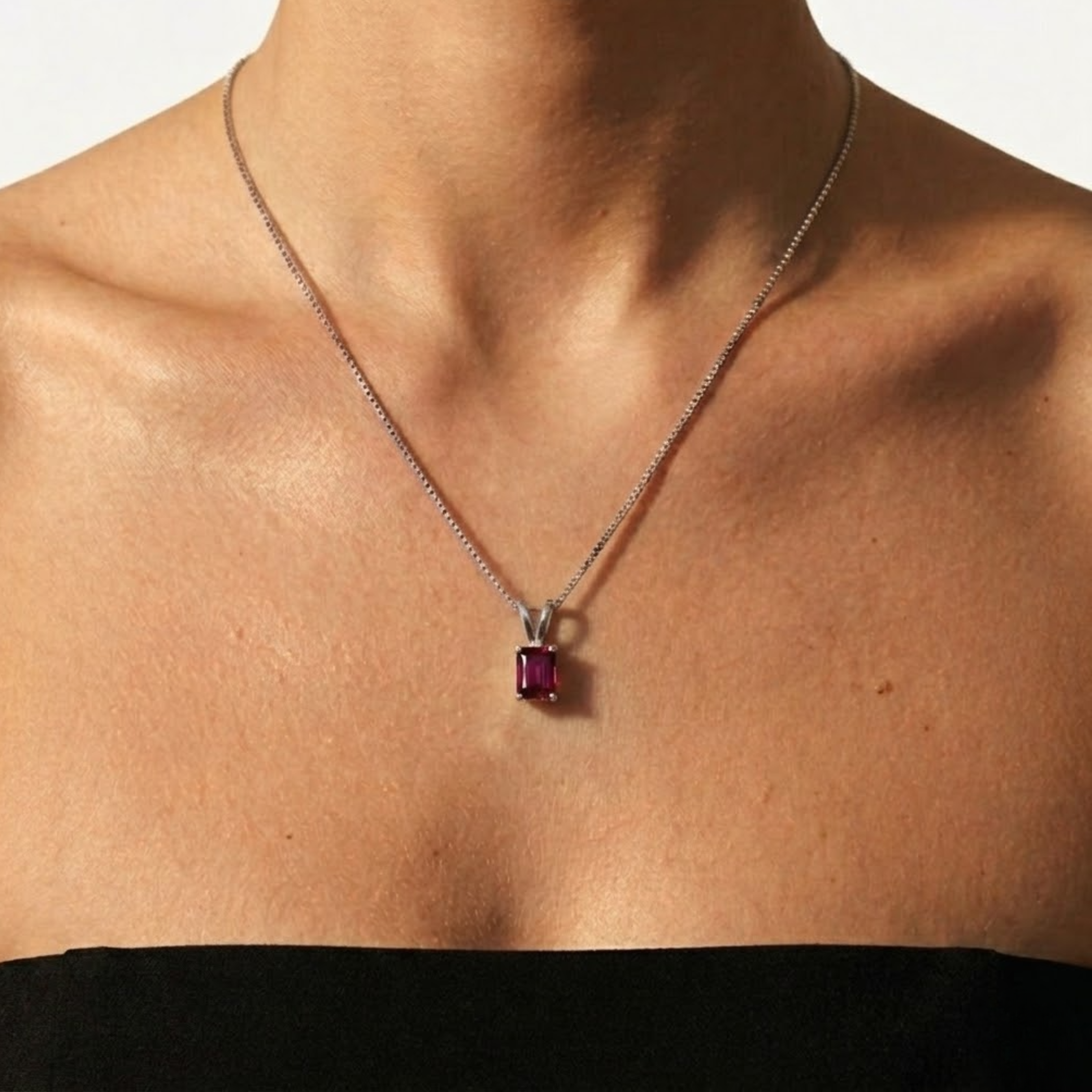 Elegant 925 Sterling Silver Ruby Pendant featuring a baguette cut Created Red Ruby, perfect July birthstone gift for any occasion.