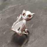 Silver Cat Ring, Natural Garnet, Animal Ring, Vintage Ring, Statement Ring, Long Ring, Kitten Ring, Elegant Cat Ring, Solid Silver Ring