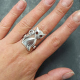 Silver Cat Ring, Natural Garnet, Animal Ring, Vintage Ring, Statement Ring, Long Ring, Kitten Ring, Elegant Cat Ring, Solid Silver Ring