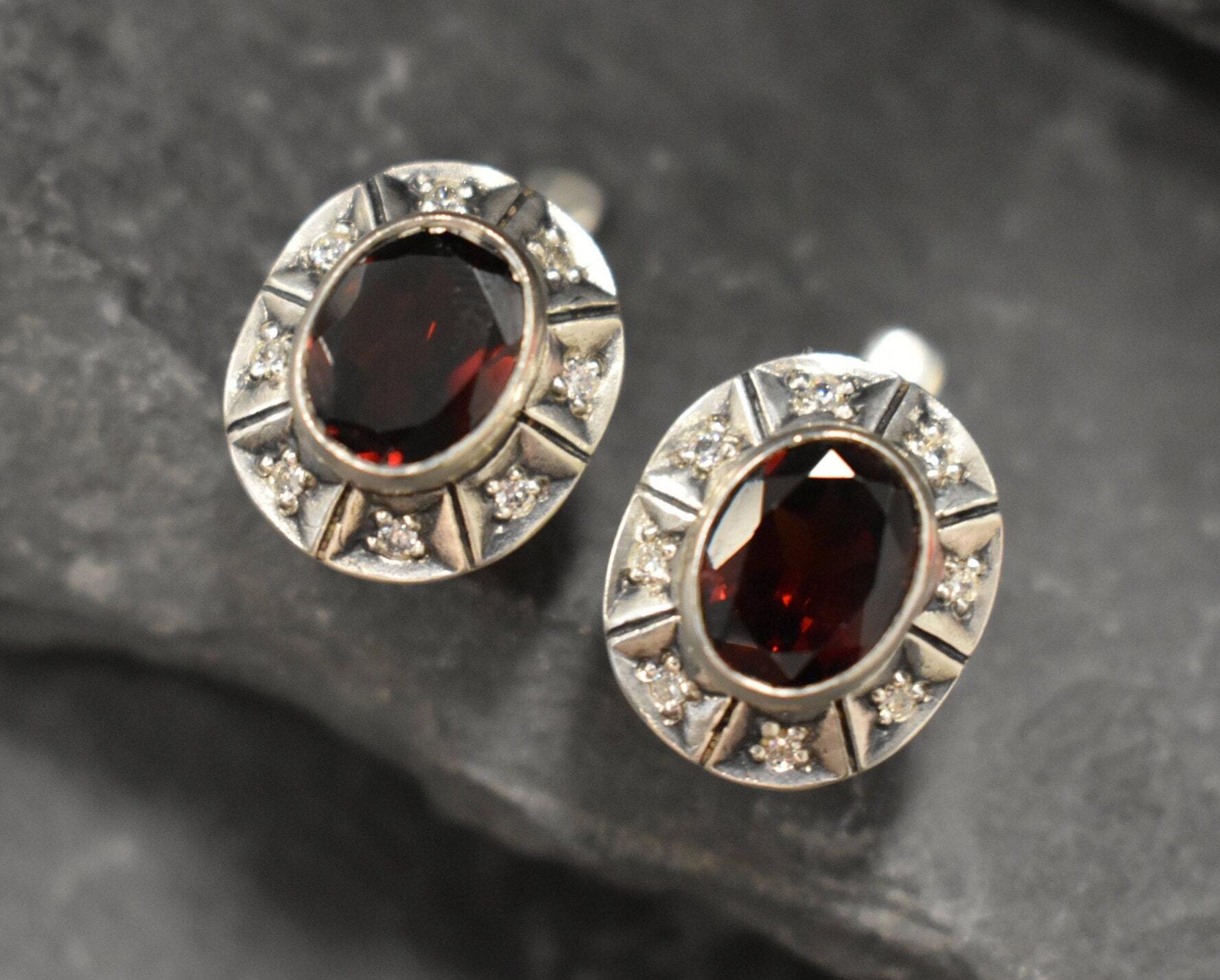 Garnet Earrings, Natural Garnet, Bohemian Earrings, January Birthstone, Red Diamond Earrings, Vintage Earrings, Large Oval Studs, 925 Silver