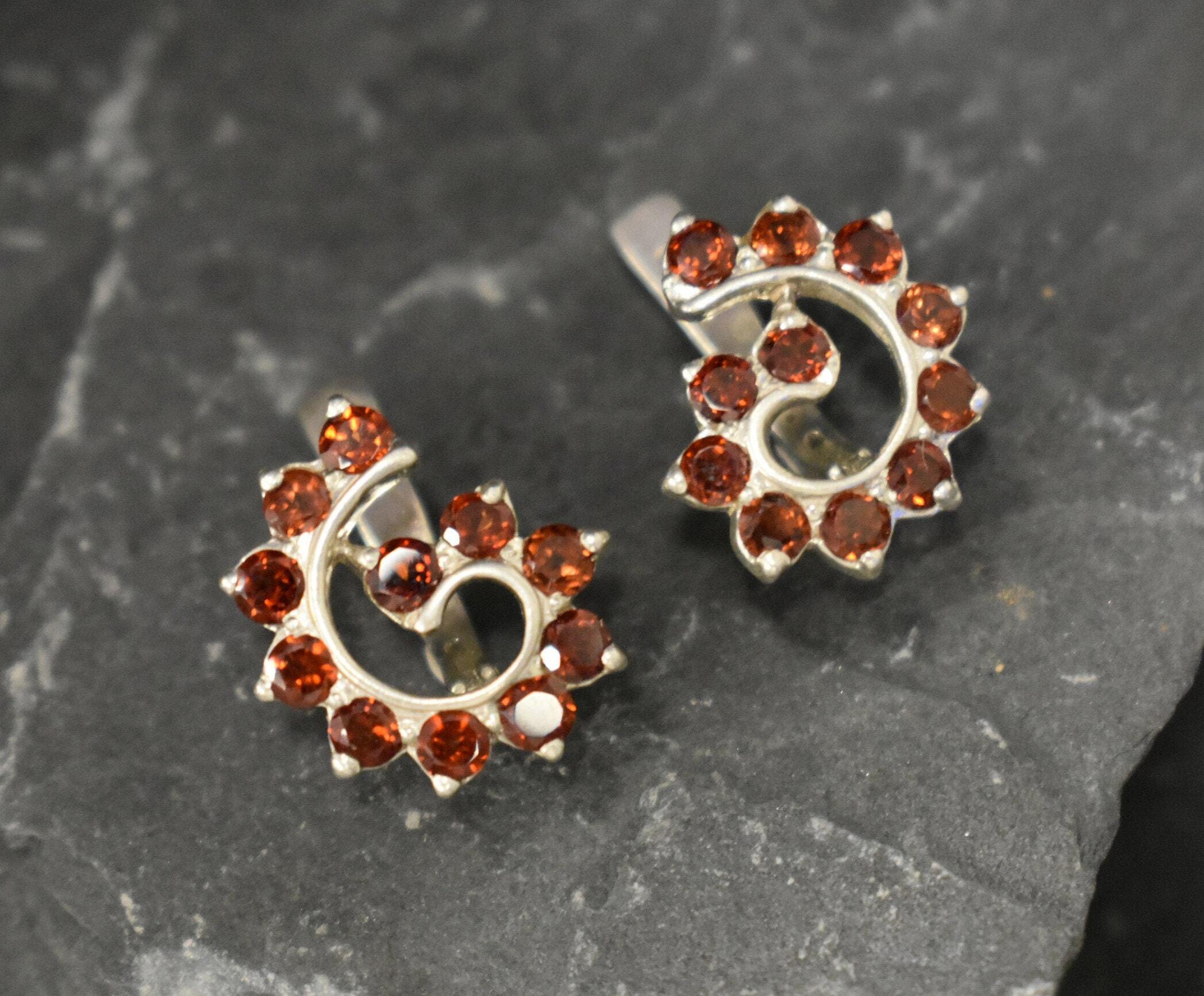 Twirl Earrings, Garnet Earrings, Natural Garnet, January Birthstone, Silver Swirl Studs, Artisan Earrings, Red Diamond Earrings, Red Studs