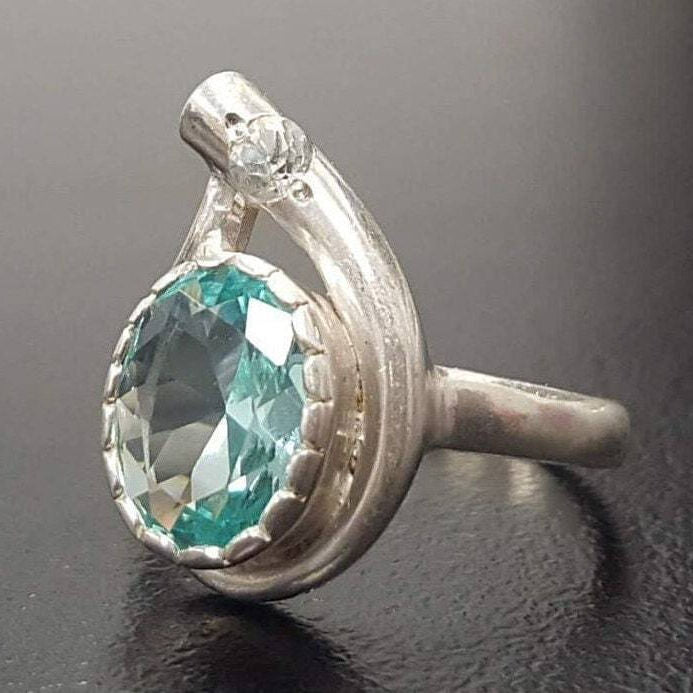 Aquamarine Ring, Created Aquamarine, Blue Vintage Ring, Blue Diamond Ring, Vintage Rings, Blue Ring, Solid Silver Ring, Large Aquamarine