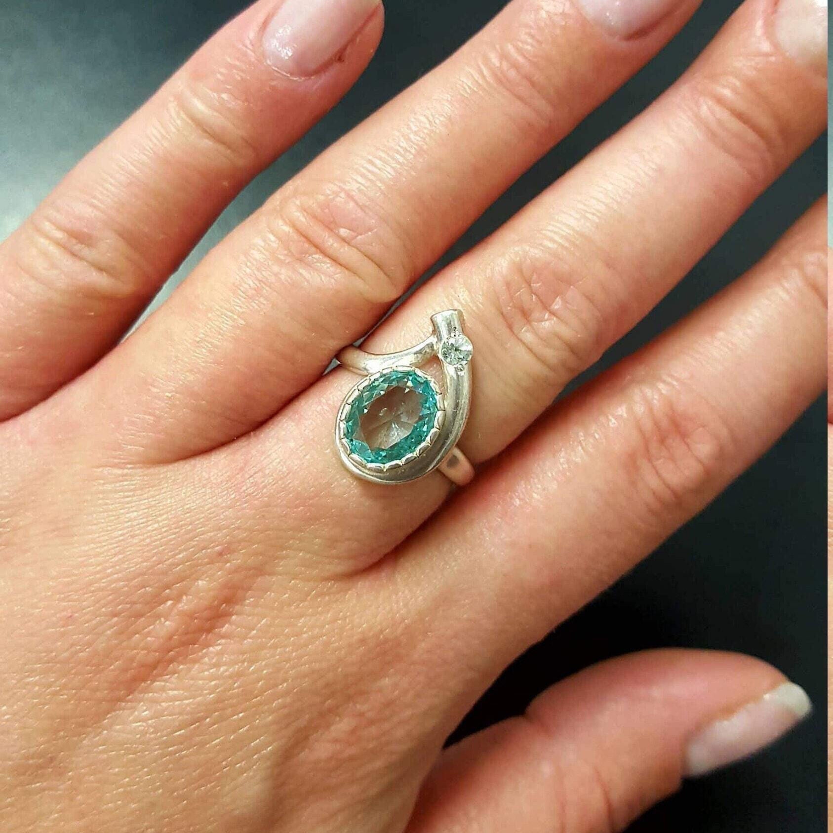 Aquamarine Ring, Created Aquamarine, Blue Vintage Ring, Blue Diamond Ring, Vintage Rings, Blue Ring, Solid Silver Ring, Large Aquamarine