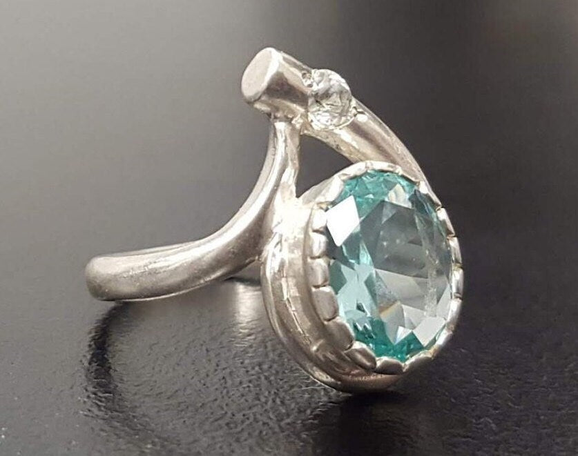 Aquamarine Ring, Created Aquamarine, Blue Vintage Ring, Blue Diamond R